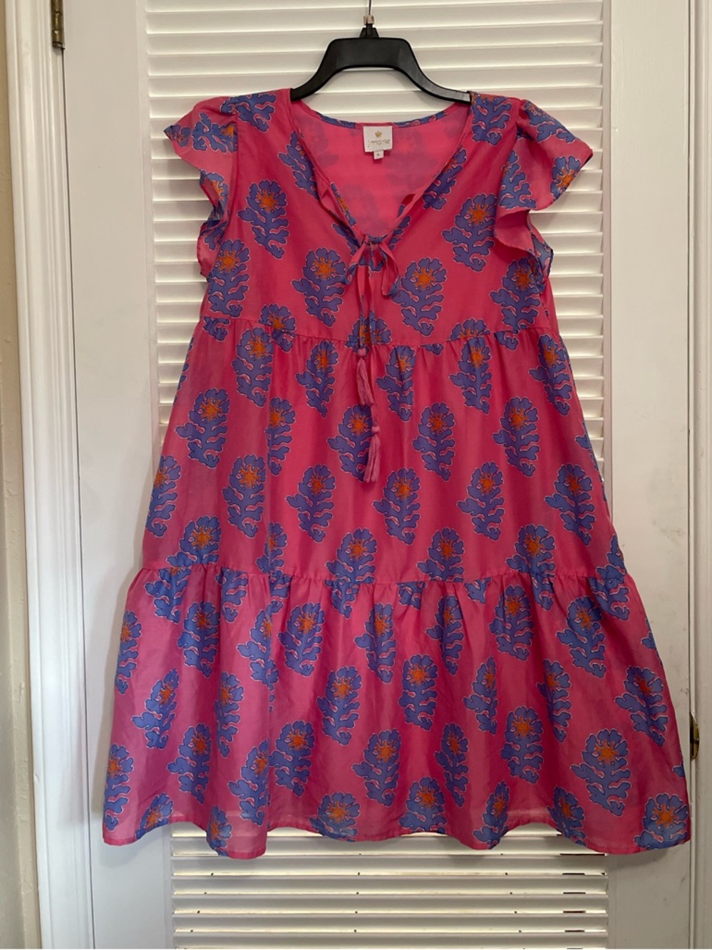J. Marie Pink Blue Floral Piper Ruffle Tiered Mini Dress Tassel Size Large
